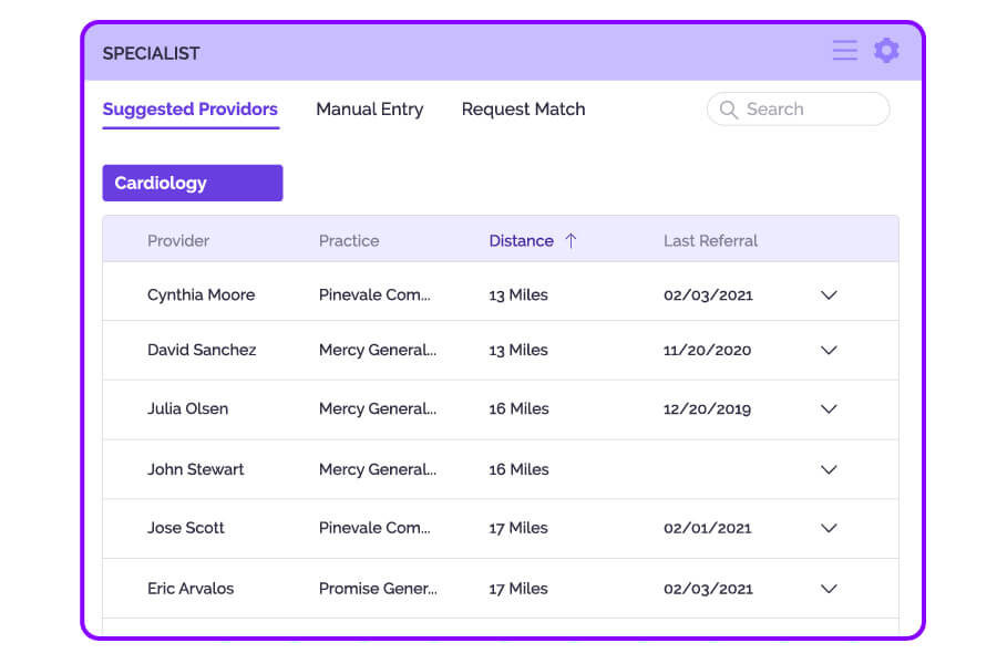 Arcadia Referrals dashboard displaying suggested providers, their name, practice, distance, and last referral date